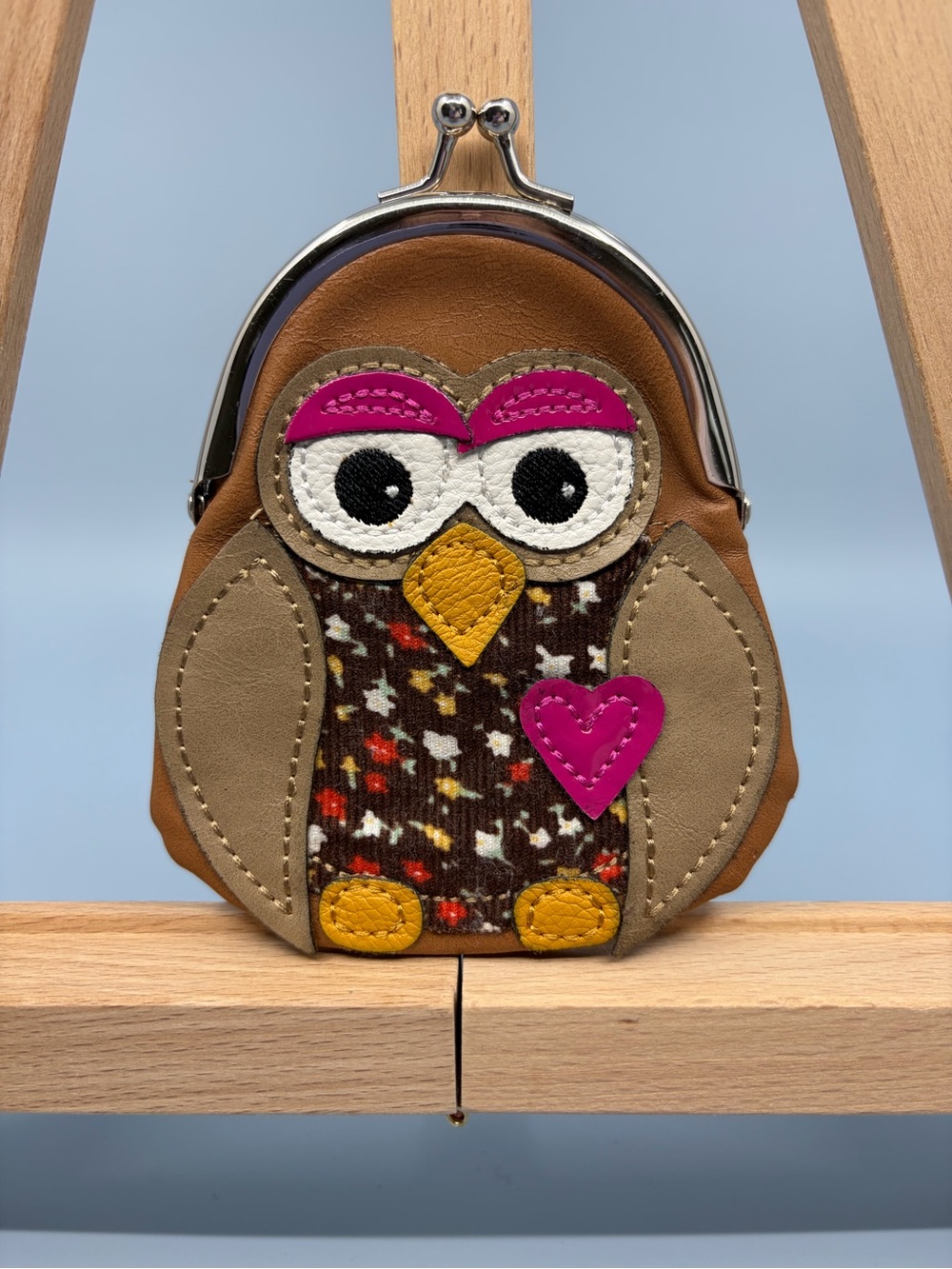 Whimsical Owl Coin Purse in Brown with Pink Accent